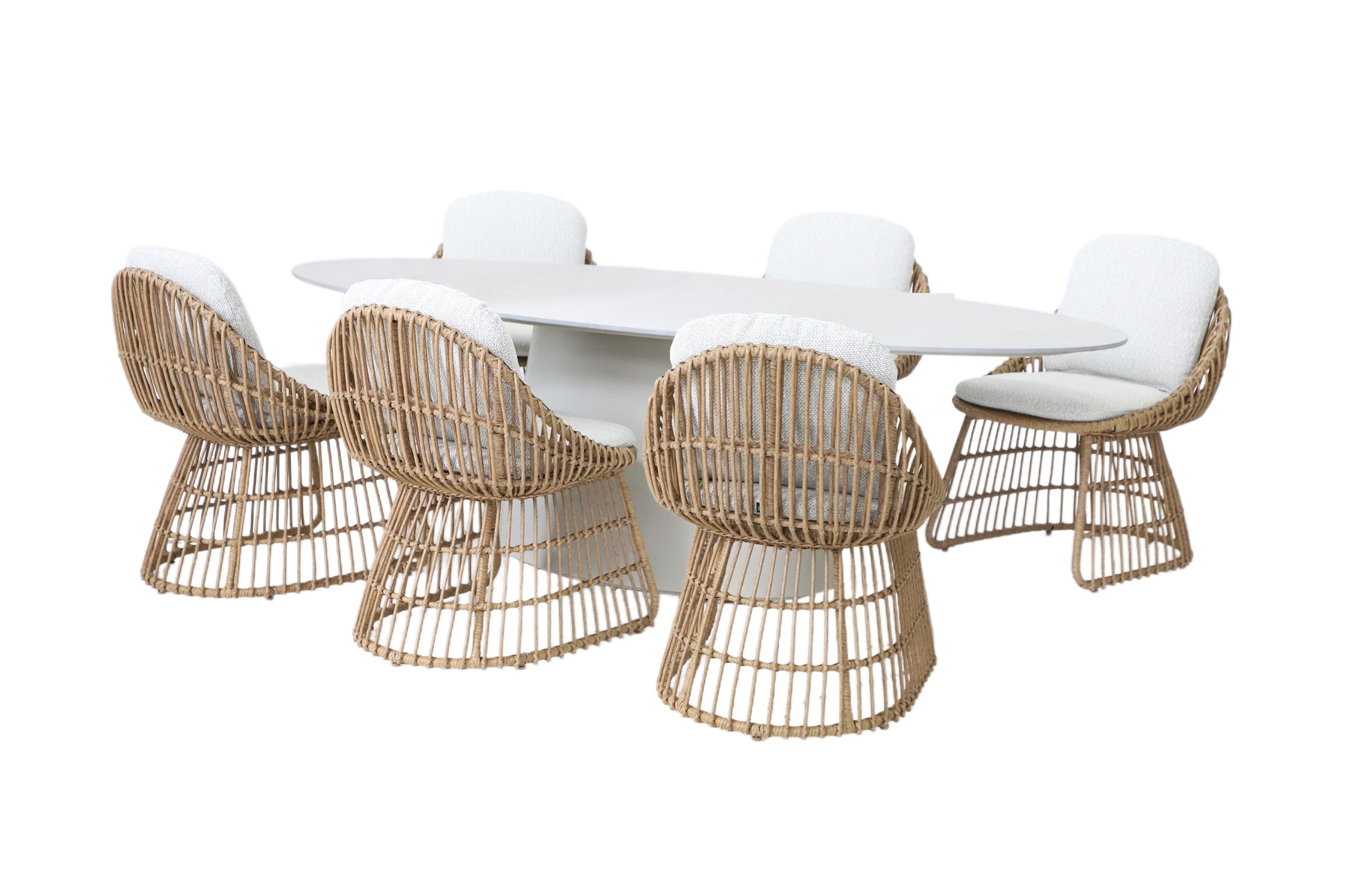 The Royal Garden Norden 6 Seat Dining Set brings contemporary Scandinavian design to your outdoor space with a clean white oval dining table and 6 distinctive rattan effect chairs and plush white cushions