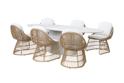 The Royal Garden Norden 6 Seat Dining Set brings contemporary Scandinavian design to your outdoor space with a clean white oval dining table and 6 distinctive rattan effect chairs and plush white cushions