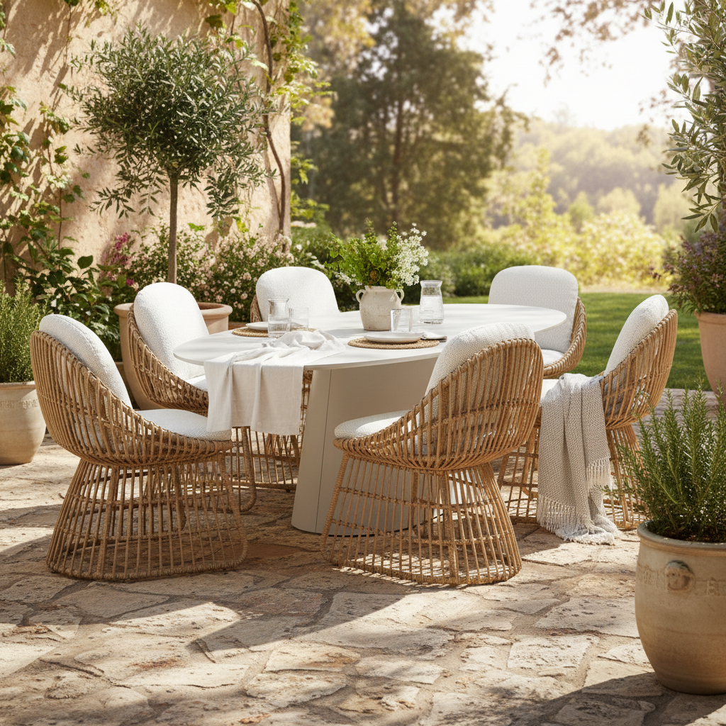 Royal Garden Norden 6 Seat Dining Set features a sleek white oval dining table and 6 woven rattan effect chairs with luxuriously padded cushions