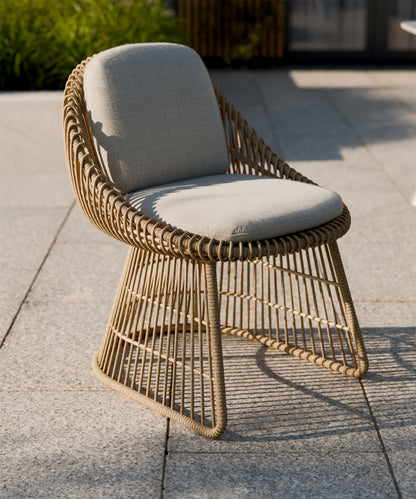 Royal Garden Norden 6 Seater Dining Set features six woven rattan-effect chairs with natural toned padded cushions to complement the sleek white dining table