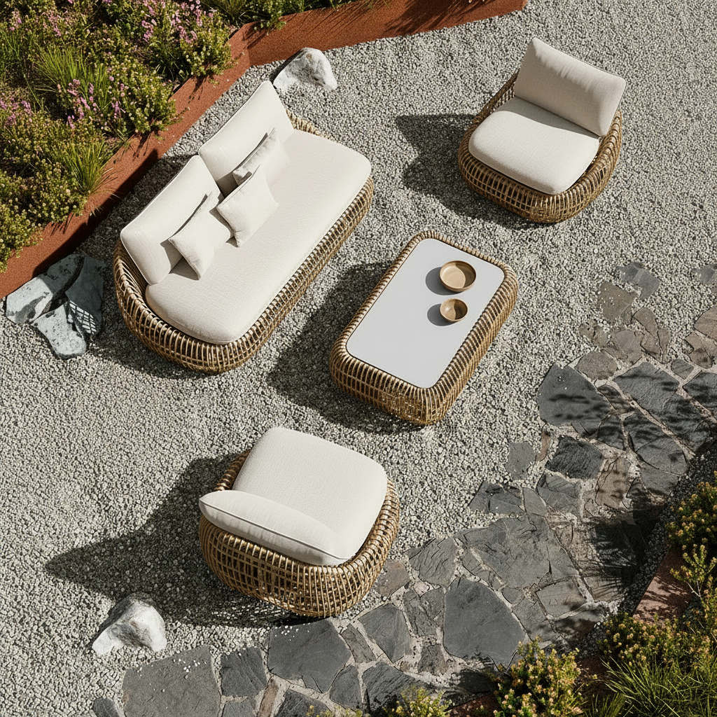 The Royal Garden Norden Complete Lounge Set is a stunning collection with a sumptuously cushioned sofa and 2 armchairs, plus matching side table and coffee table in a distinctive basket weave rattan effect design