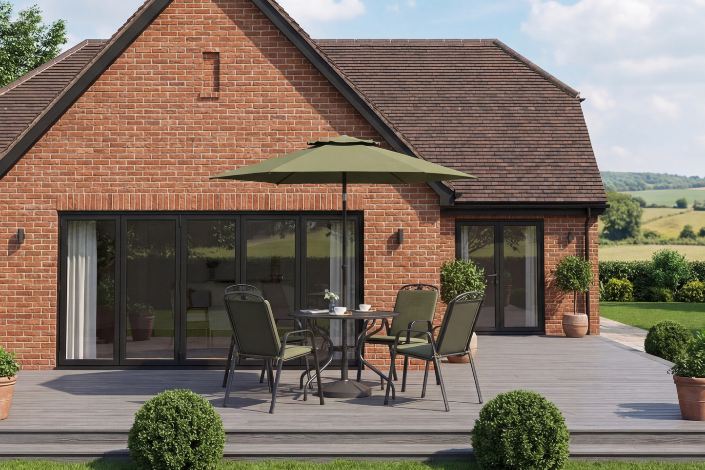 Royal Garden Savoy complete 4 Seat Round Dining Set features a dining table and 4 matching chairs with green padded cushions, a matching parasol and base are also included
