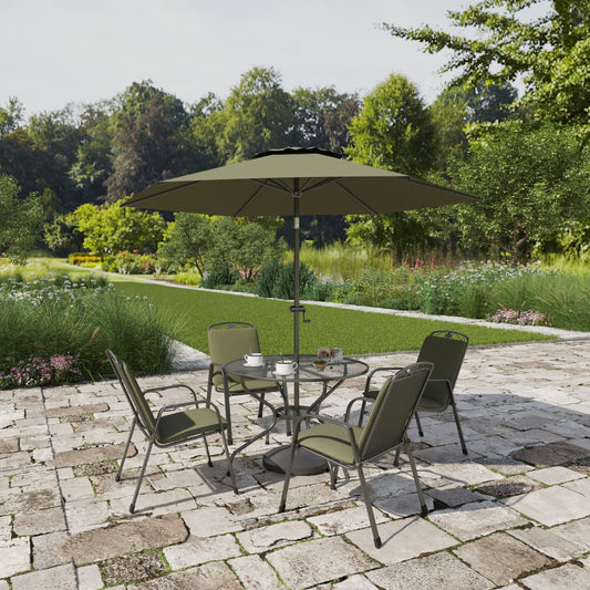 Royal Garden Savoy 7 piece outdoor dining set includes an aluminium round table, 4 chairs with green cushions, a 2.7m green parasol and a parasol base