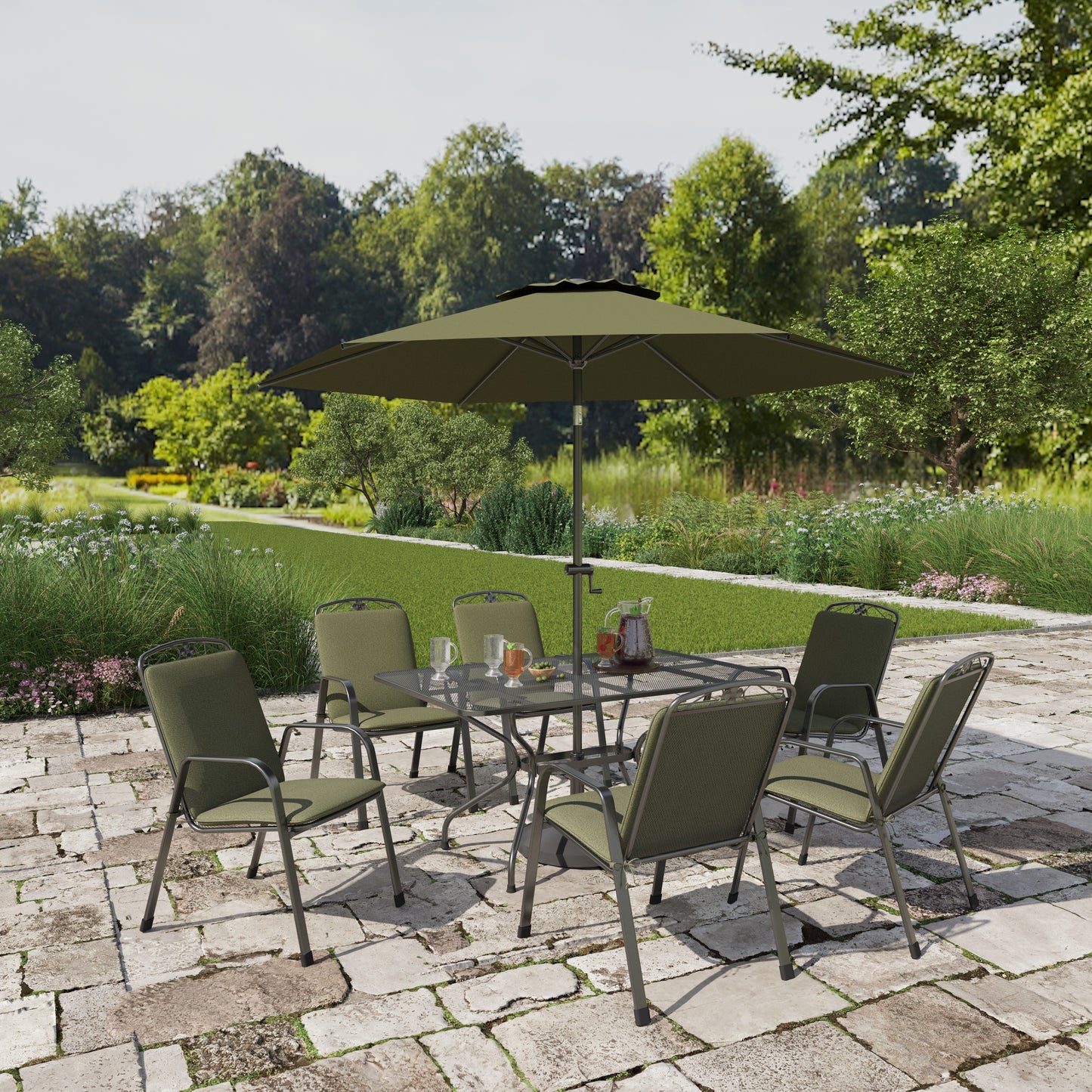 Royal Garden Savoy 7 piece Outdoor Dining Set features an aluminium rectangular dining table, 6 matching chairs with green padded cushions, a green 2.7m parasol and a parasol base