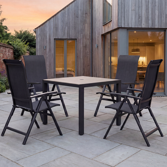 The Royal Garden Vidoo 4 Seater Square Dining Set is a contemporary collection comprising of a grey square dining table with 4 multi position reclining chairs with fabric seats, that can be easily folded for storage