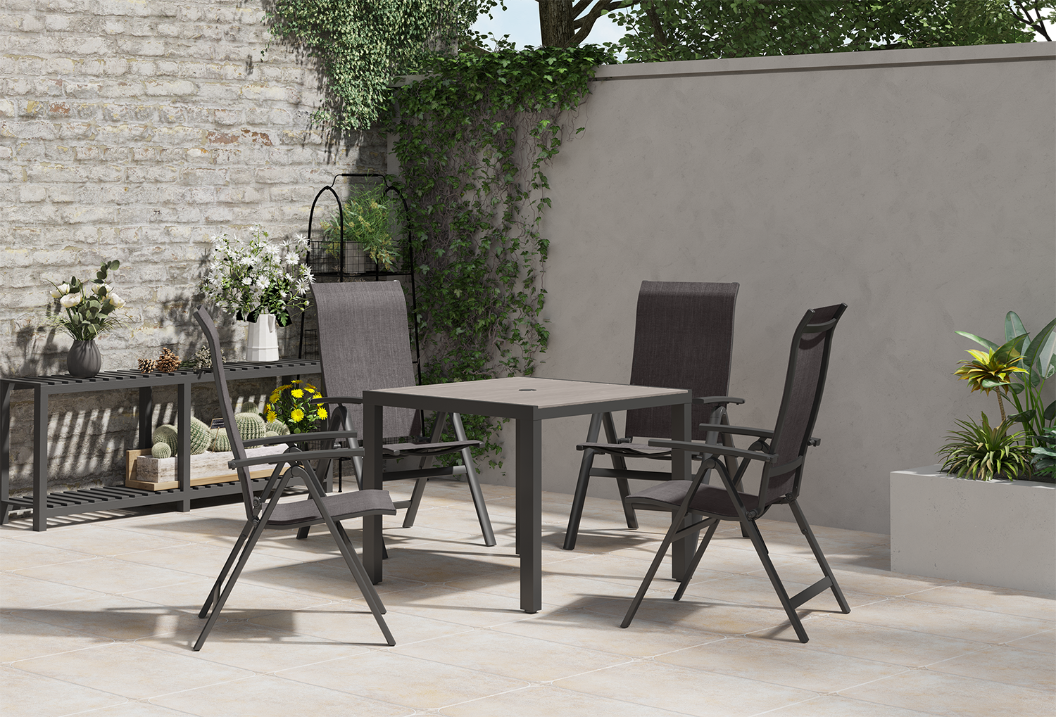Royal Garden Vidoo 4 Seat Square Dining Set is a sophisticated 5 piece set featuring a square dining table and 4 multi position foldable chairs in a dark grey charcoal colour