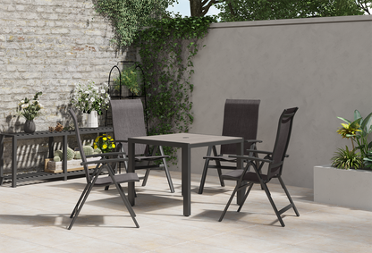 Royal Garden Vidoo 4 Seat Square Dining Set is a sophisticated 5 piece set featuring a square dining table and 4 multi position foldable chairs in a dark grey charcoal colour