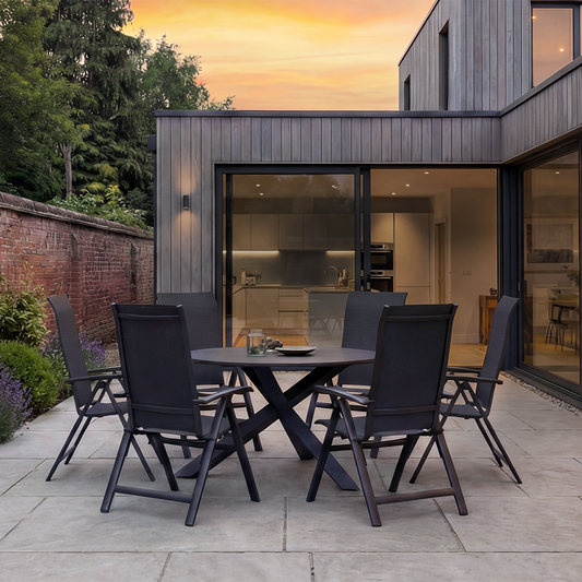 Royal Garden Vidoo 6 Seat Round Dining Set with 6 multi position reclining chairs and a cross legged round table