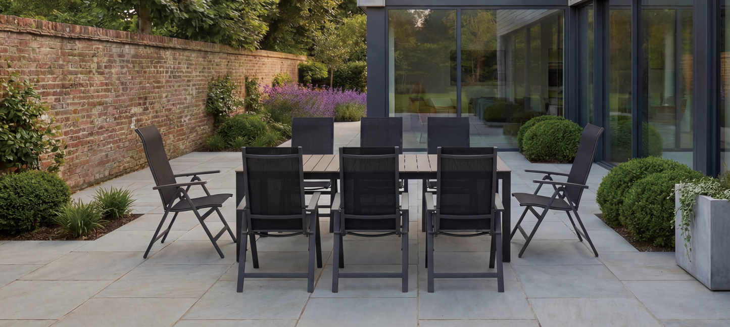 Royal Garden Vidoo 8 Seater Dining Set features an extending dining table with slatted table top and aluminium frame, plus 8 multi position chairs with textilene fabric seats
