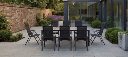 Royal Garden Vidoo 8 Seater Dining Set features an extending dining table with slatted table top and aluminium frame, plus 8 multi position chairs with textilene fabric seats
