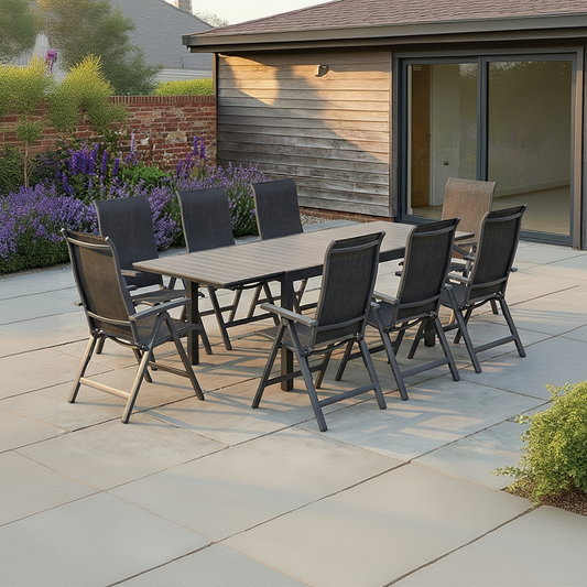 Royal Garden Vidoo 8 Seat Extending Dining Set features an extending table with slatted table top, and chairs with multi positional recline options