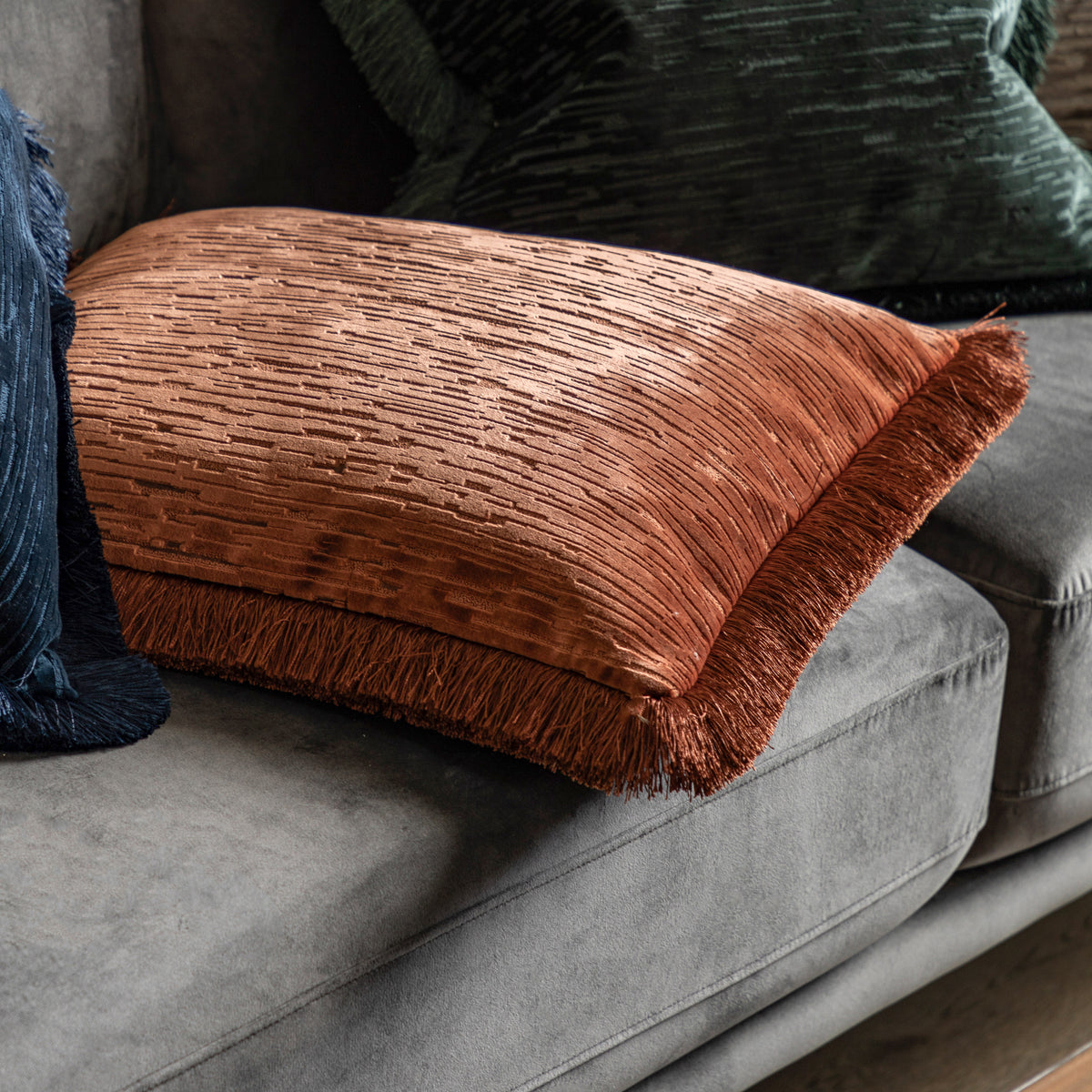 Gallery Direct Cut Velvet Fringe Cushion Terracotta Poly Filled - image 1