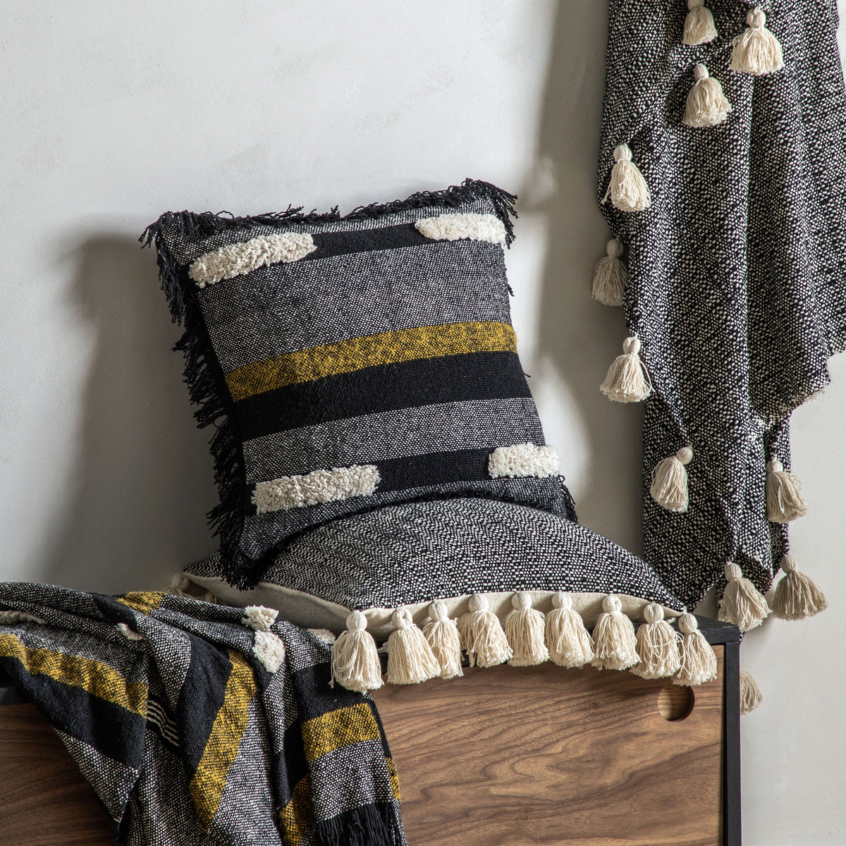 Gallery Direct Woven Cushion with Tassels Black Poly Filled - image 1