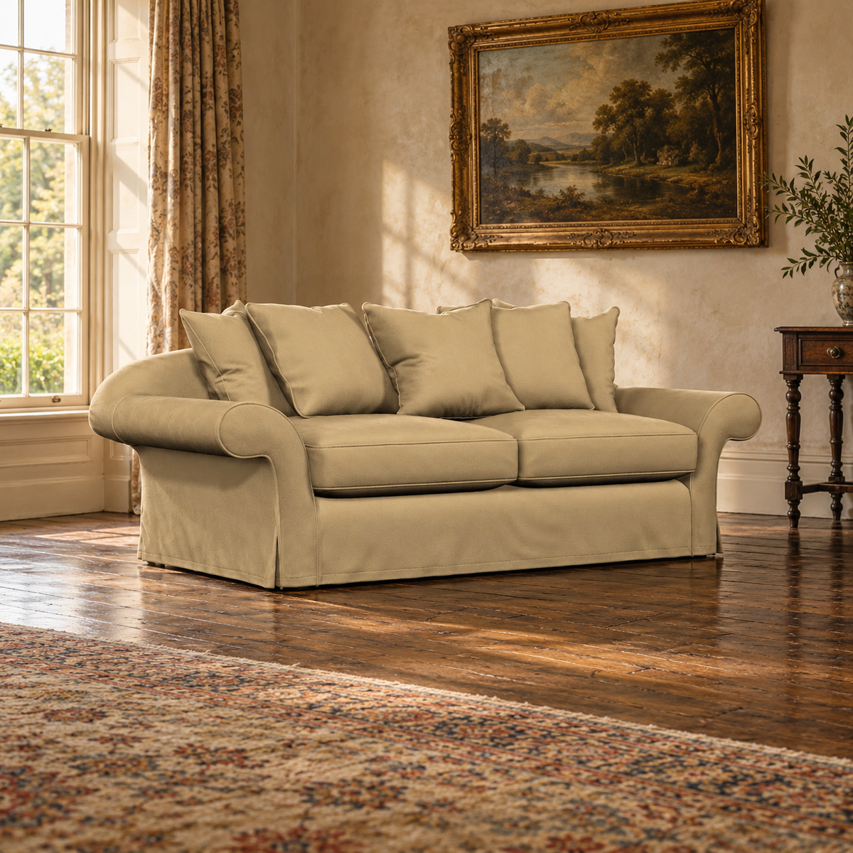 Tetrad Alicia Grand Sofa in Jacobean Flower Champagne Fabric — lifestyle visualisation generated from the product cutout.
