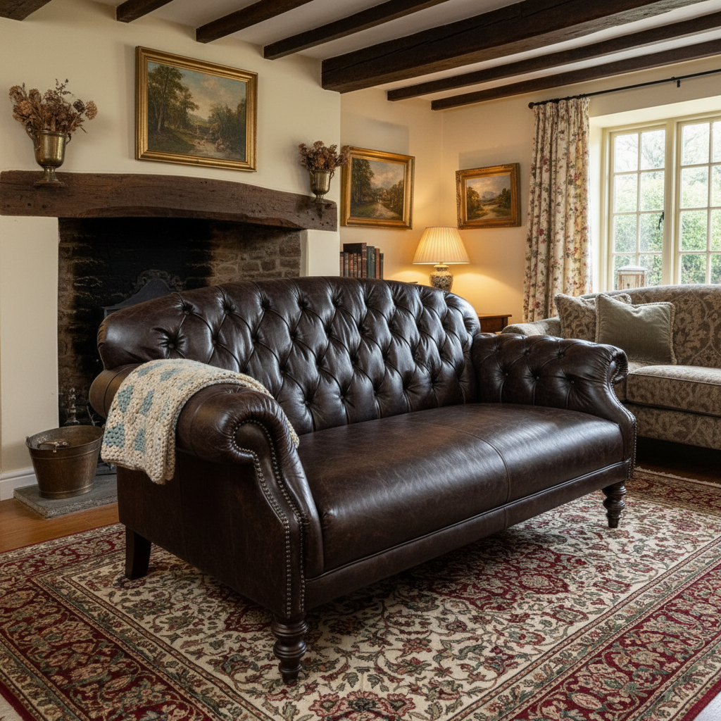 Tetrad Arbroath Petit Sofa in Dark Brown Leather Hide made in a classic chesterfield style design, has deep diamond button tufting on the backrest and arms, stud detailing on the scrolled arms and traditional turned dark wood legs