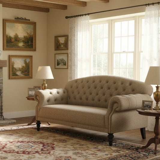 Tetrad Arbroath Petit Sofa in Jura Stag Harris Tweed neutral upholstery with deep button tufting, scrolled armrests and dark wooden feet