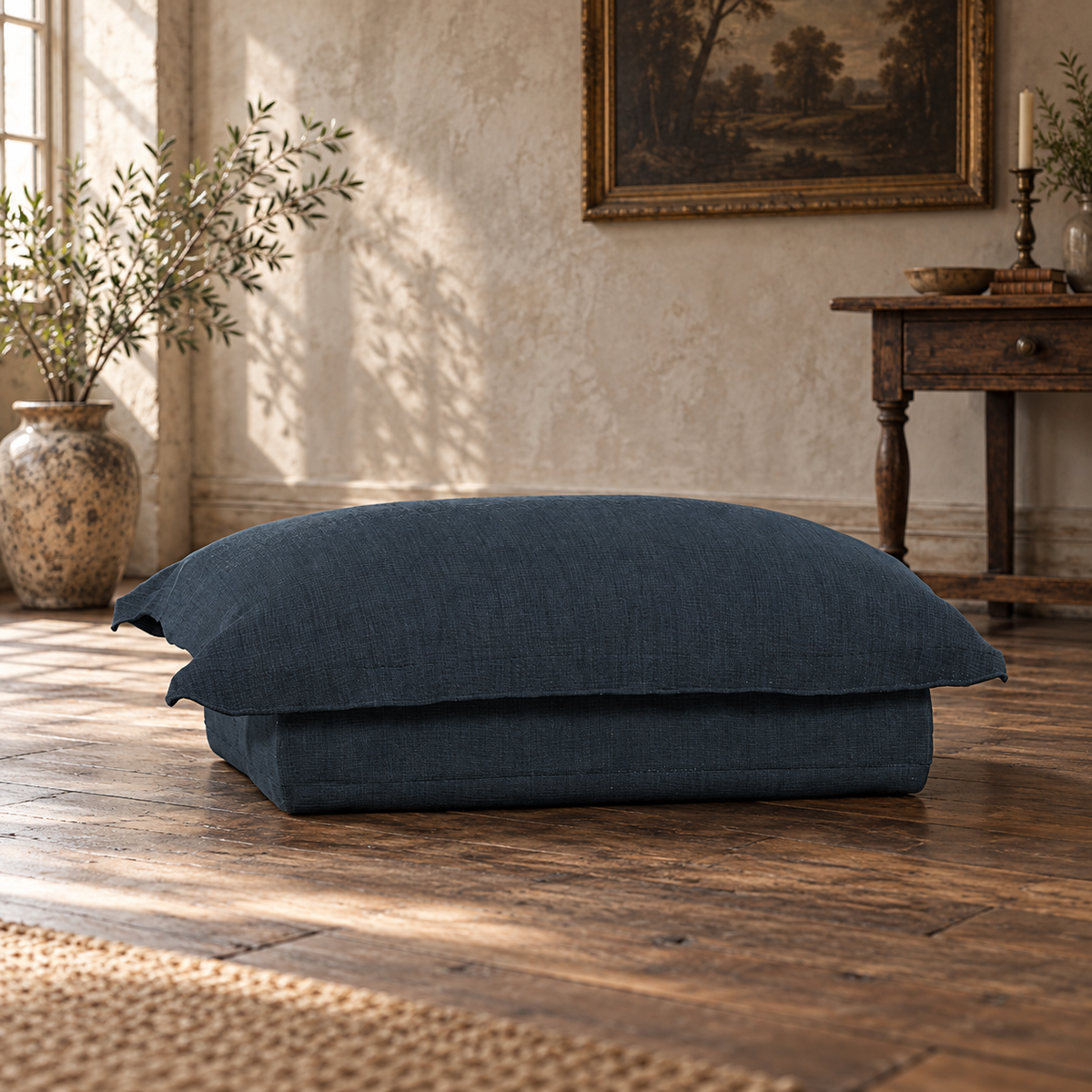 Tetrad Ava Footstool in Beatrice Midnight fabric — lifestyle visualisation generated from the product cutout.