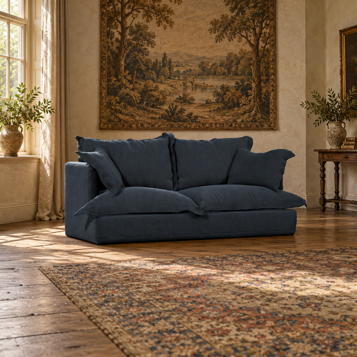 Tetrad Ava Petit Sofa in Beatrice Midnight Fabric — lifestyle visualisation generated from the product cutout.