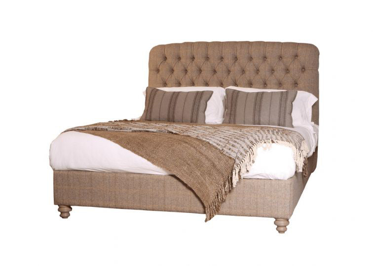 Tetrad Berneray King Size Bed Frame is fully upholstered in Bracken Herringbone fabric with a deep button tufted headboard