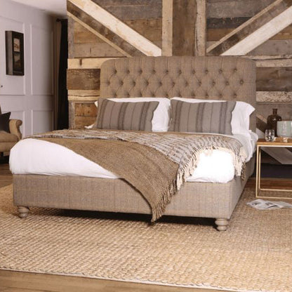 Tetrad Berneray King Size Bed Frame in Bracken Herringbone upholstery with a deep button tufted headboard and sprung slatted base 