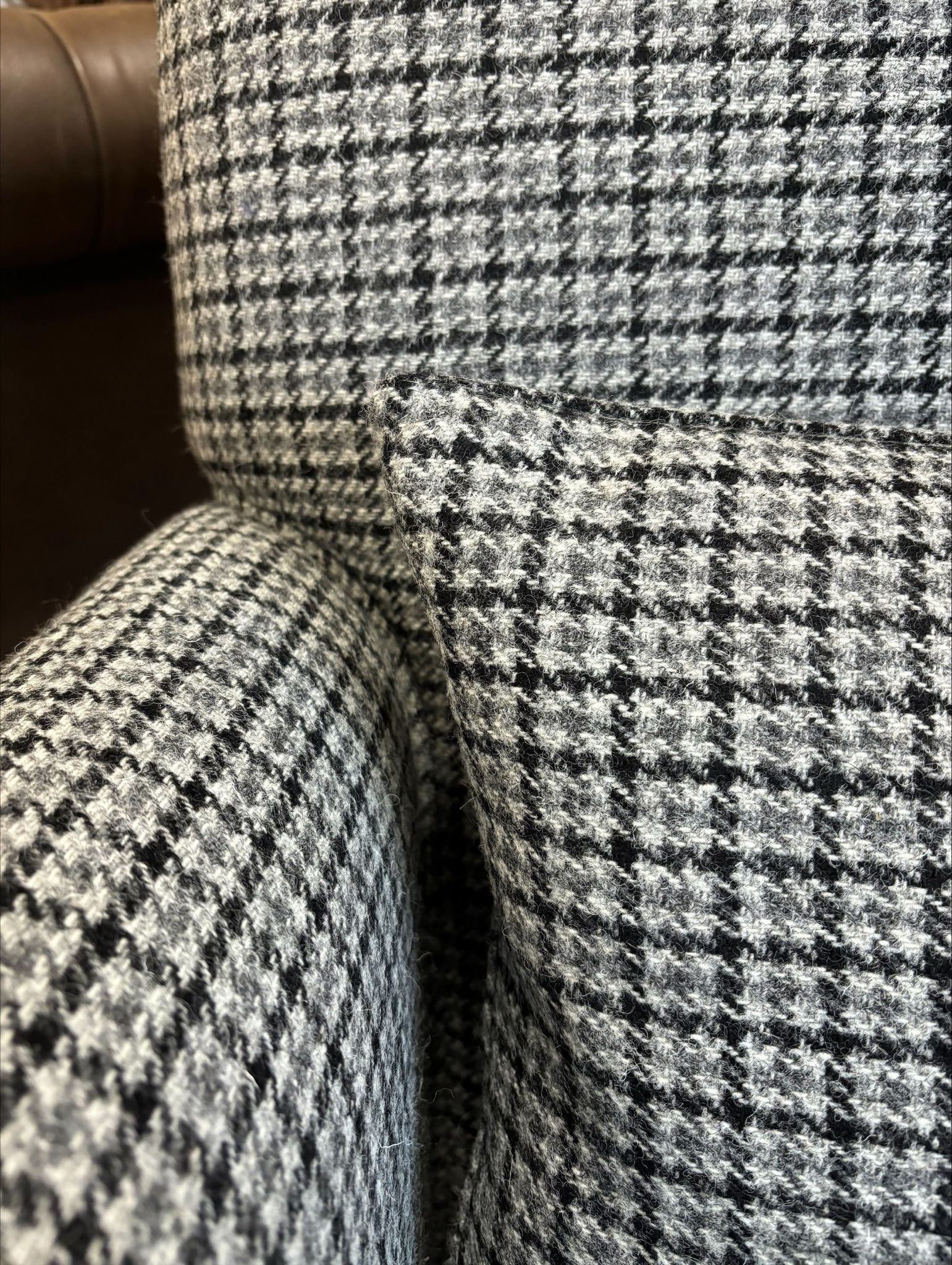 Tetrad Bowmore Accent Chair upholstered in authentic Ebony Hounds Harris Tweed in charcoal and cream tones