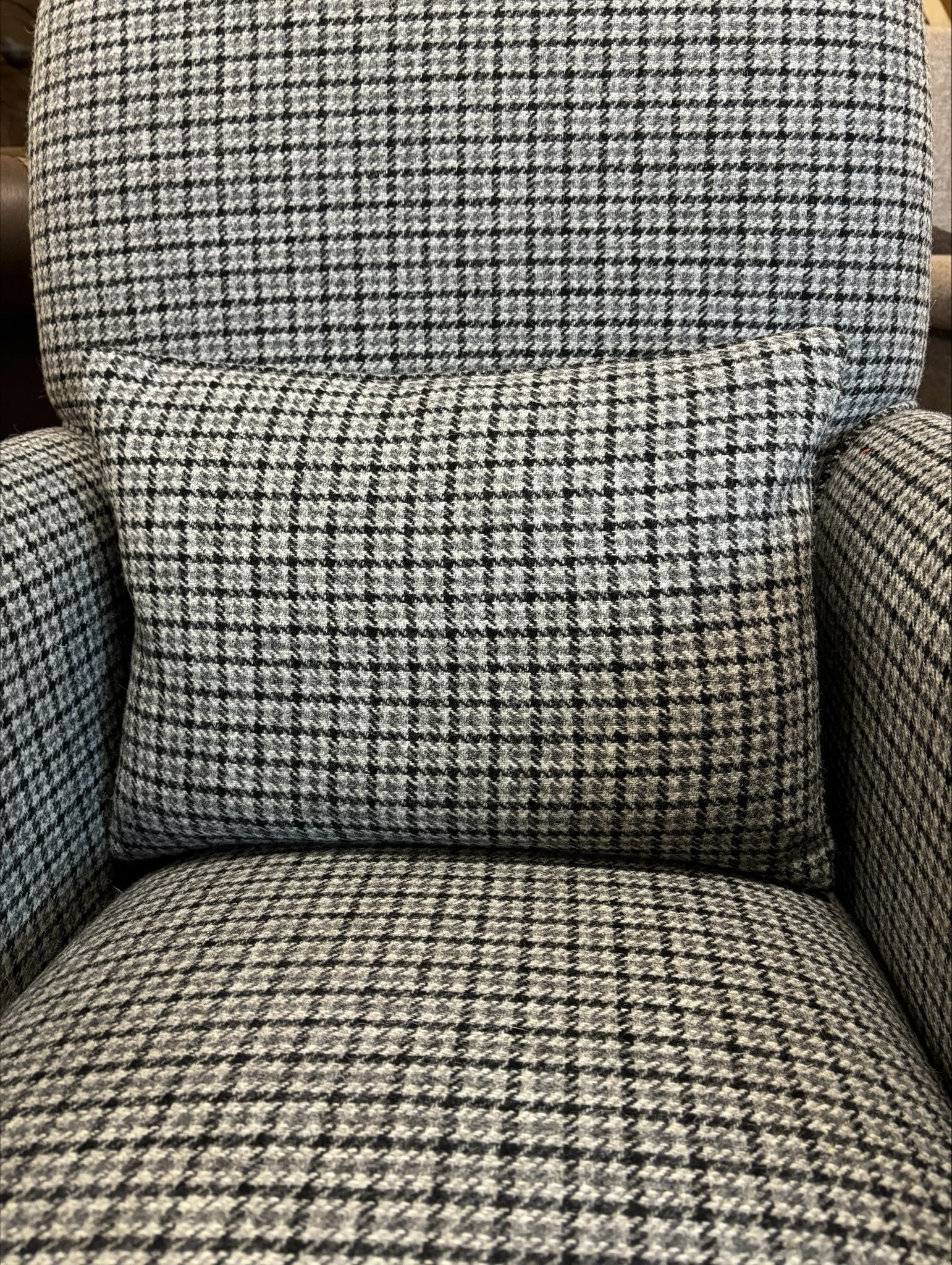 Tetrad Bowmore Armchair upholstered in Ebony Hounds Harris Tweed charcoal and cream fabric, with deep sprung seat for exceptional comfort