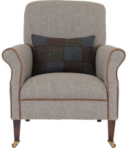 Tetrad Bowmore Chair in genuine Heather Harris soft grey Tweed with Brompton Tan leather Piping detail, dark  brown legs and brass castors