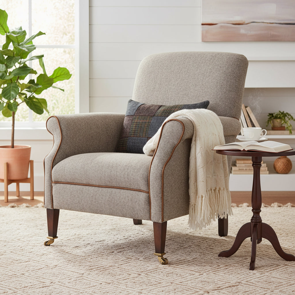 Tetrad Bowmore Chair in Heather Harris Tweed with Brompton Tan Piping