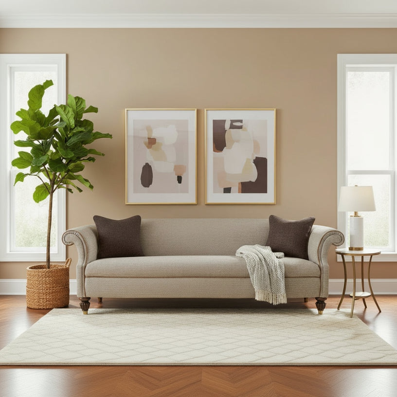 Tetrad Bowmore Grand Sofa in Genuine Heather Harris Tweed Fabric in soft heather grey tones with elegant scrolled arms and traditional turned legs with scatter cushions