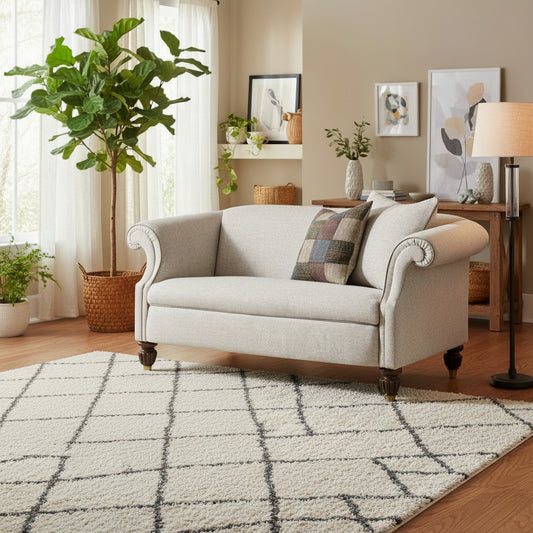 Tetrad Bowmore Petit Sofa in Wick Herringbone Silver Darling Fabric in soft silver-grey tones, with traditional turned wooden legs