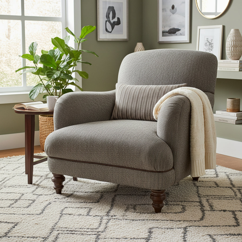 Tetrad Braemar Chair in sophisticated rich Basalt Grey Herringbone fabric with Old Bard Piping, features generous proportions and dark wood turned legs