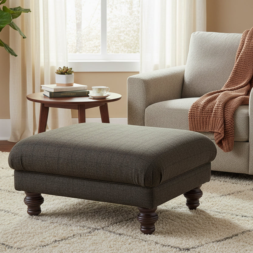 Tetrad Braemar Footstool in Harris Tweed upholstery with dark wooden feet and generously padded top with comfortable support
