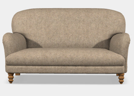 Tetrad Braemar Petit Sofa crafted from a solid hardwood frame with genuine Heather Harris Tweed upholstery complemented by Brompton Tan leather piping and natural wood traditional turned feet