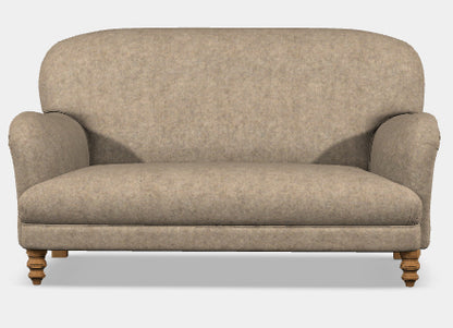 Tetrad Braemar Petit Sofa crafted from a solid hardwood frame with genuine Heather Harris Tweed upholstery complemented by Brompton Tan leather piping and natural wood traditional turned feet