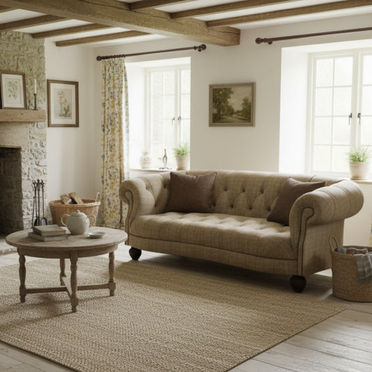 Tetrad Caledonian Petit Sofa in Bracken Herringbone upholstery, featuring deep button tufting, stud detailing to the scrolled arms and turned wooden feet and complementary scatter cushions 