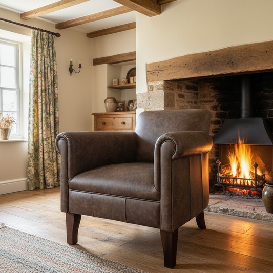 Tetrad Camford Chair in Distressed Soft Leather Brown Hide, features rounded arms, a deep seat cushion and elegant dark wood tapered legs