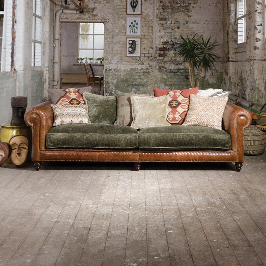 Tetrad Constable Grand Sofa in Galveston Bark Leather, with sage green sumptuous velvet seat cushions and coordinating scatter back cushions