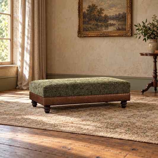 Tetrad Constable Rectangular Footstool in Coco Velvet Olive Fabric and Galveston Bark Leather — lifestyle visualisation generated from the product cutout.