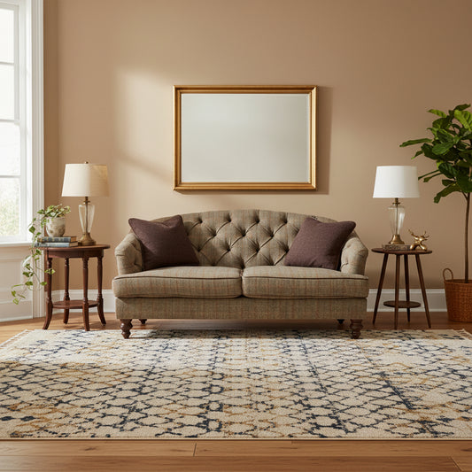 Tetrad Dalmore Midi Sofa in Harris Tweed Fabric features a classic diamond button tufting detail to the back, deep cushioned seating, dark wood turned legs and co-ordinating scatter cushions included