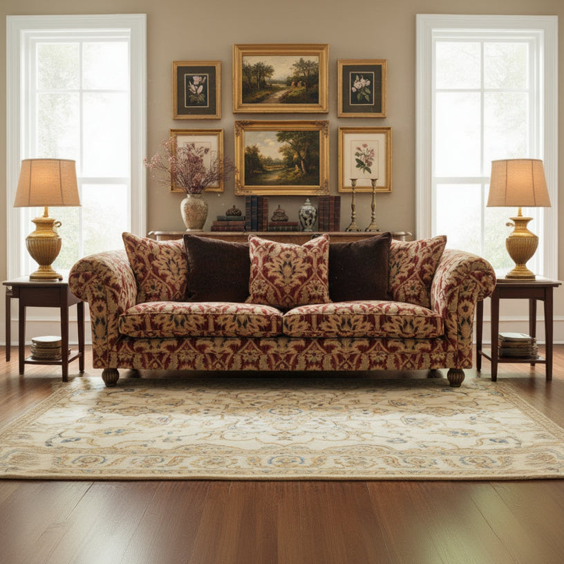 Tetrad Elgar Grand Sofa in Enigma Claret Fabric, this large sofa can seat up to 4 people and features deep filled seat cushions and coordinating scatter backs, with curved armrests and dark wood legs