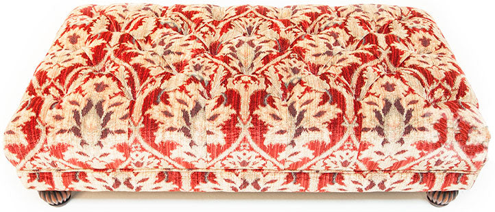 Tetrad Elgar Rectangular Stool in Enigma Claret Damask Fabric with deep button tufted top and dark wooden turned feet