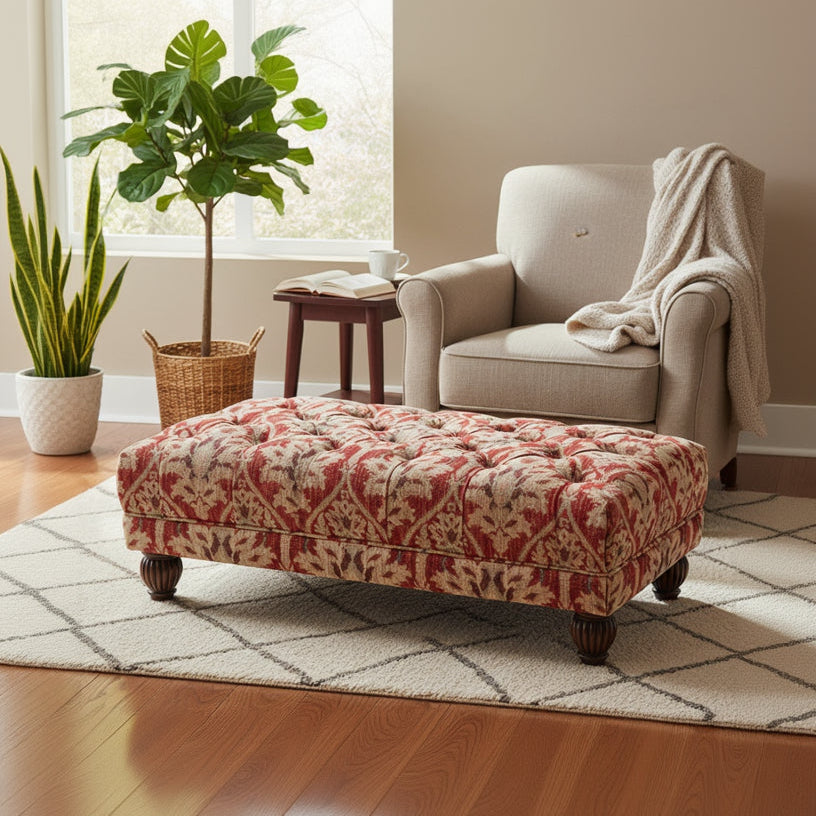 The Tetrad Elgar Rectangular Stool is upholstered in Enigma Claret damask Fabric, generously padded with deep button tufted top and decorative dark wood feet