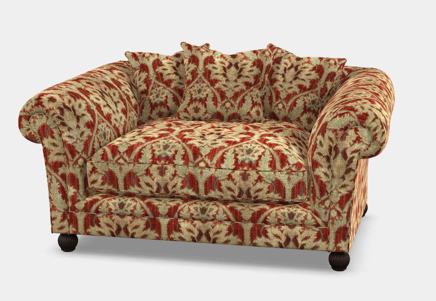 Tetrad Elgar Snuggler Sofa in Enigma Claret Fabric with deep filled seat cushions and matching scatter back cushions, plus dark wood feet