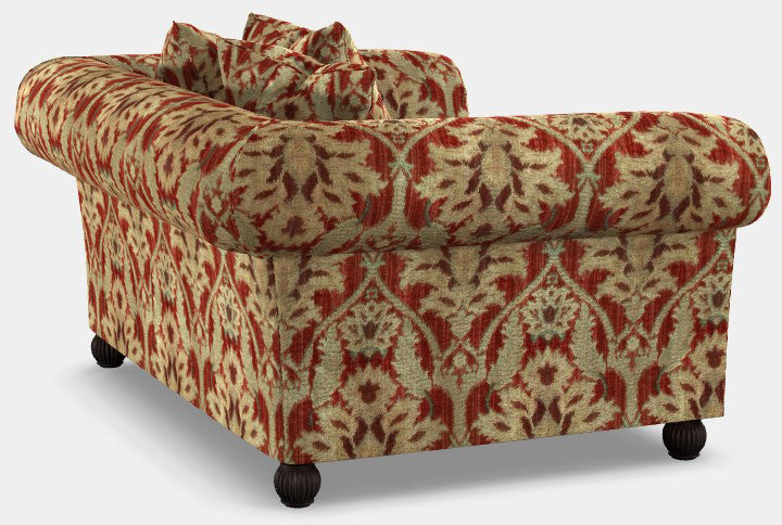 Tetrad Elgar Snuggler Sofa in Enigma Claret Fabric can seat 1-2 people, features curved armrests an matching scatter back cushions