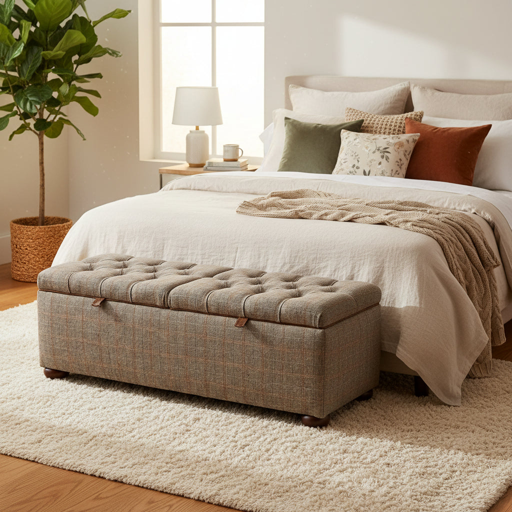 Tetrad Eriskay Bedding Box in Bracken Herringbone Fabric with a deep button tufted lid, leather tab handles and dark wood feet, features generous storage capacity that can be used as a bedding box or living room ottoman