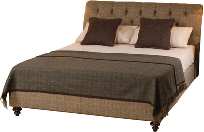 Tetrad Eriskay Super King Size Bed Frame in Bracken Herringbone Fabric with deep button tufted headboard, dark wood feet and a sprung slatted base