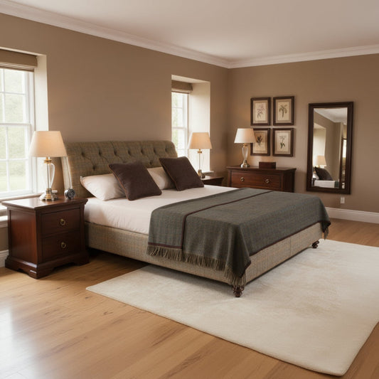 The Tetrad Eriskay Super King Size Bed Frame is fully upholstered in Bracken Herringbone Fabric with a deep button tufted headboard, dark wooden feet and a sprung slatted base