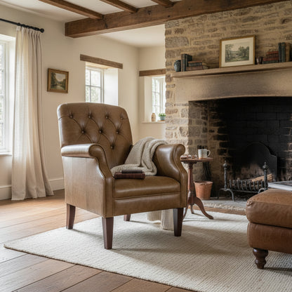 Tetrad Flynn Chair in Dark Brown leather with button tufted backrest, rolled arms and dark wooden legs
