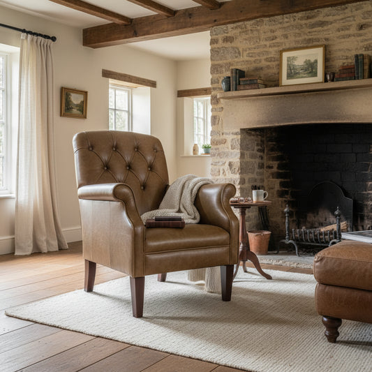 Tetrad Flynn Chair in Dark Brown leather with button tufted backrest, rolled arms and dark wooden legs