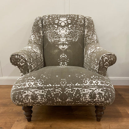 Tetrad Jacaranda Chair in authentic Bagru hand-block printed design in Cream and Khaki colours, with dark wood legs